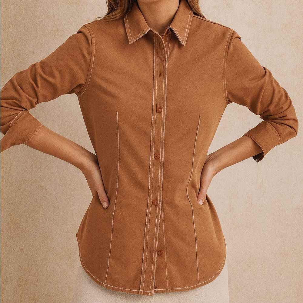 Madewell Brown Button Down Shirt Size 2 Fitted Cropped Western Look